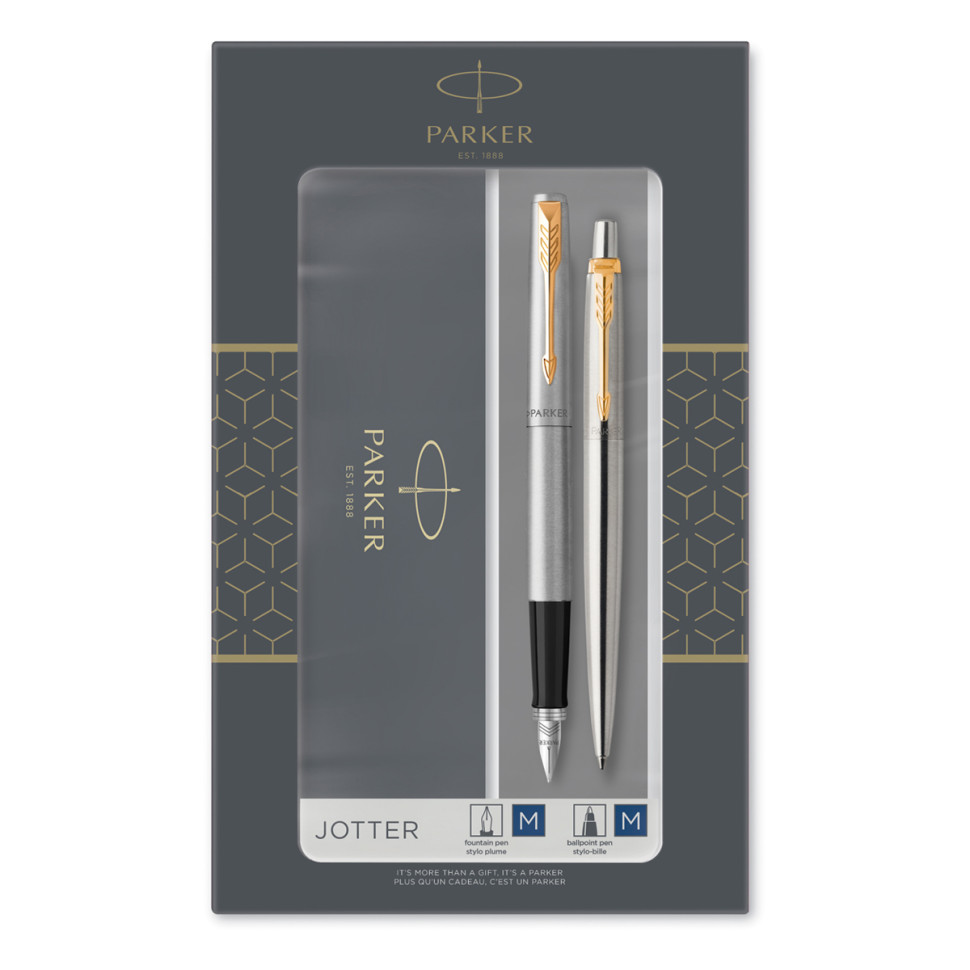 Набор Parker "Jotter Stainless Steel GT": ручка шариковая, 1,0мм и ручка перьевая, 1,0мм, подарочная упаковка, 288616