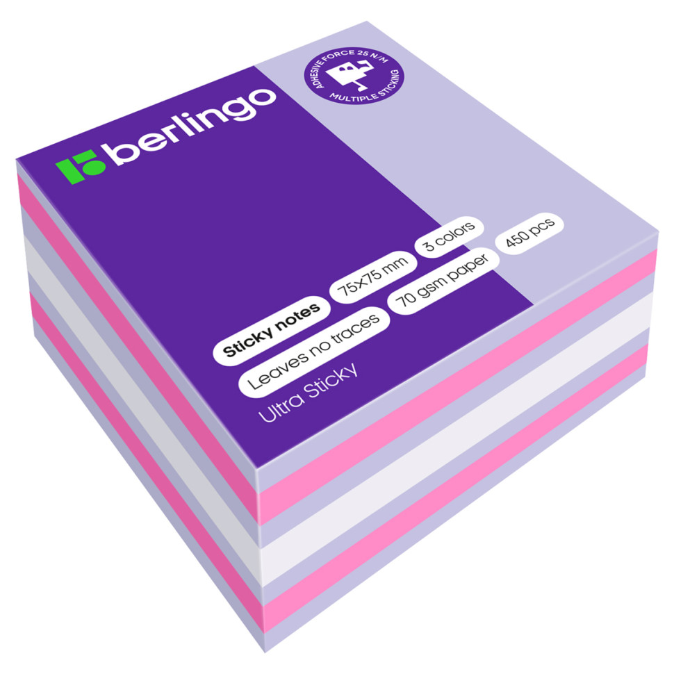 Самоклеящийся блок Berlingo "Ultra Sticky", 75*75мм, 450л., 3 цвета, 270291