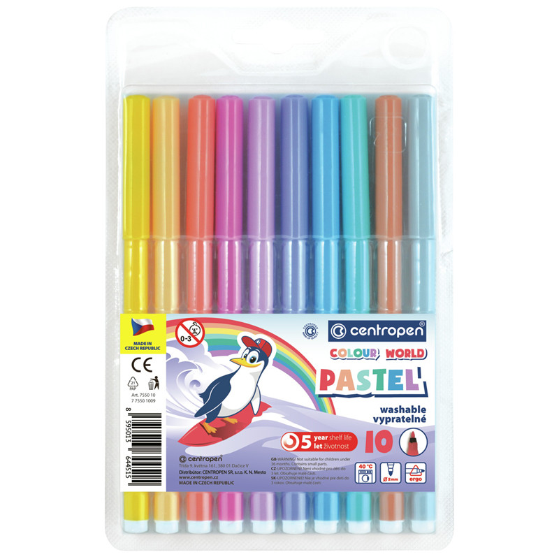 Фломастеры Centropen "Colour World. Pastel", 10цв., 2мм, смываемые, блистер, 304728