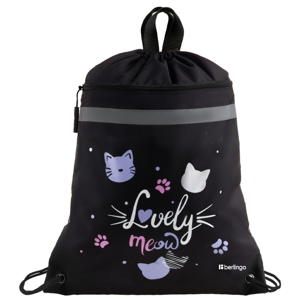 Мешок для обуви 1 отделение Berlingo "Lovely Meow", 360*460мм, вентиляционная сеточка , светоотражающая лента, карман на молнии, 389700