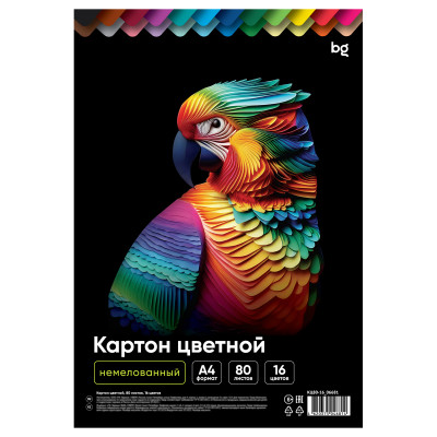 Картон цветной, А4 одностор, BG, 80 л., 16 цв., немелованный, в коробке, 385218